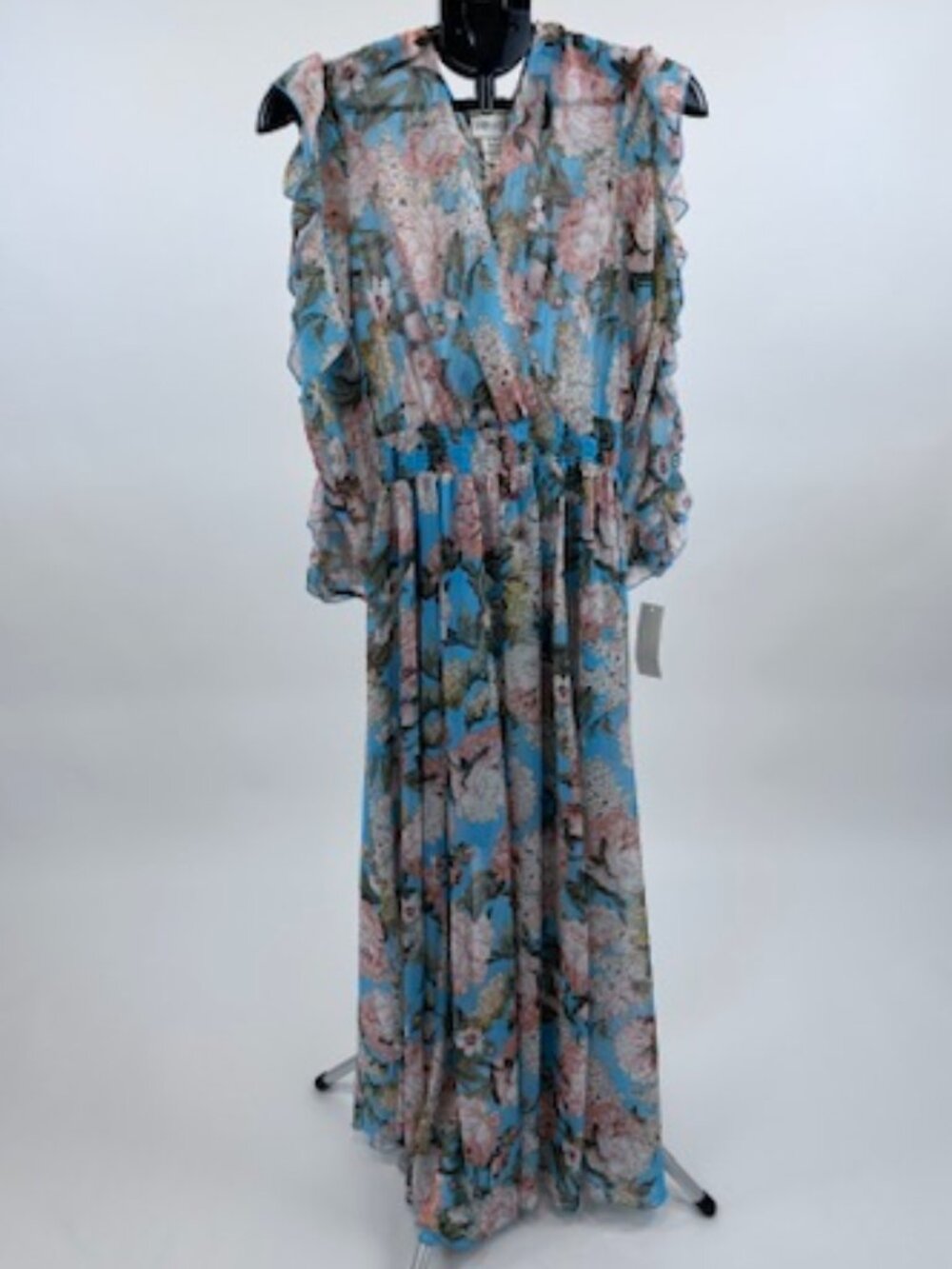 Kate And Lily Floral Maxi Dress Blue Pink Chiffon Ruffle Sleeve Size 8 NWT
